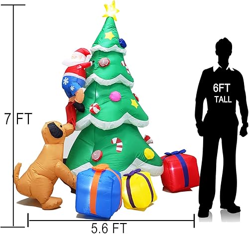 Miniatura 2 de Poptrend Papá Noel inflable perseguido por el árbol, 7 pies de Navidad inflable para patio con luces LED de Navidad, divertido, colorido, espíritu