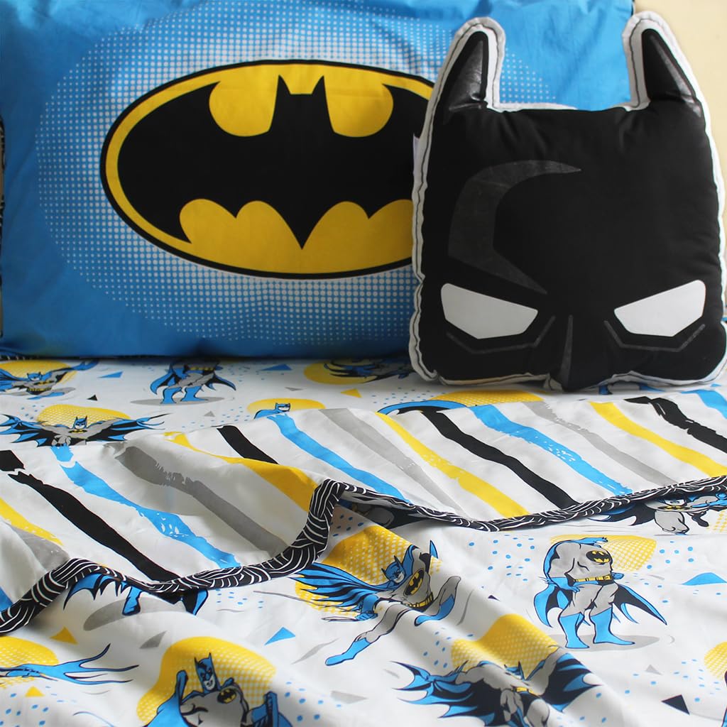 Official Batman 100% Cotton 250 TC Bundle of Joy for Kids Room for Boys & Girls - King Bedsheet with Two Pillow Covers, Blanket & Cushion - Multicolour