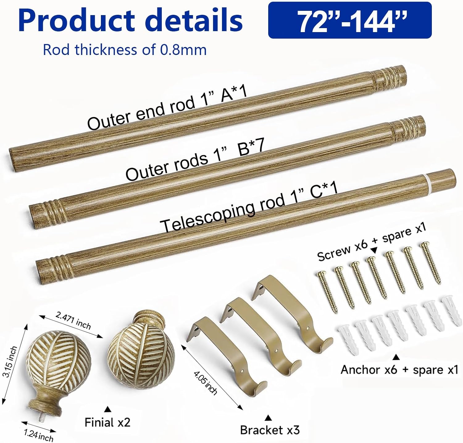 Wood Curtain Rods for Windows: 1 Inch Adjustable Heavy Duty Curtain Rod 72" to 144" with Imitation Wood Grain Leaf Pattern Finials,Boho Rustic Decorative Drapery Rods