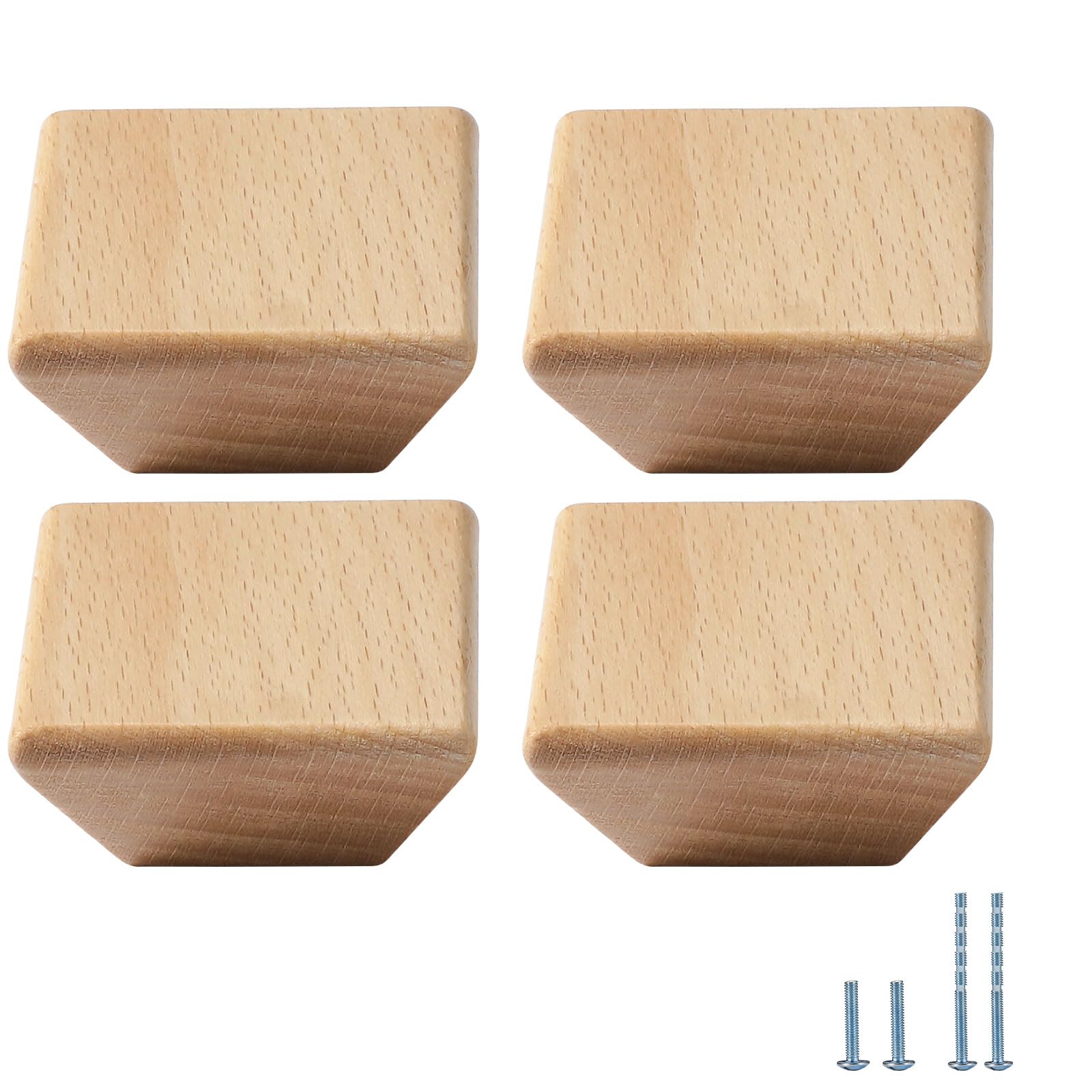 Evionlin 4 Pack Square Beech Wood Cabinet Door Handles Large Cabinet Drawer Pulls Single-Hole Wardrobe Knobs Wooden Door