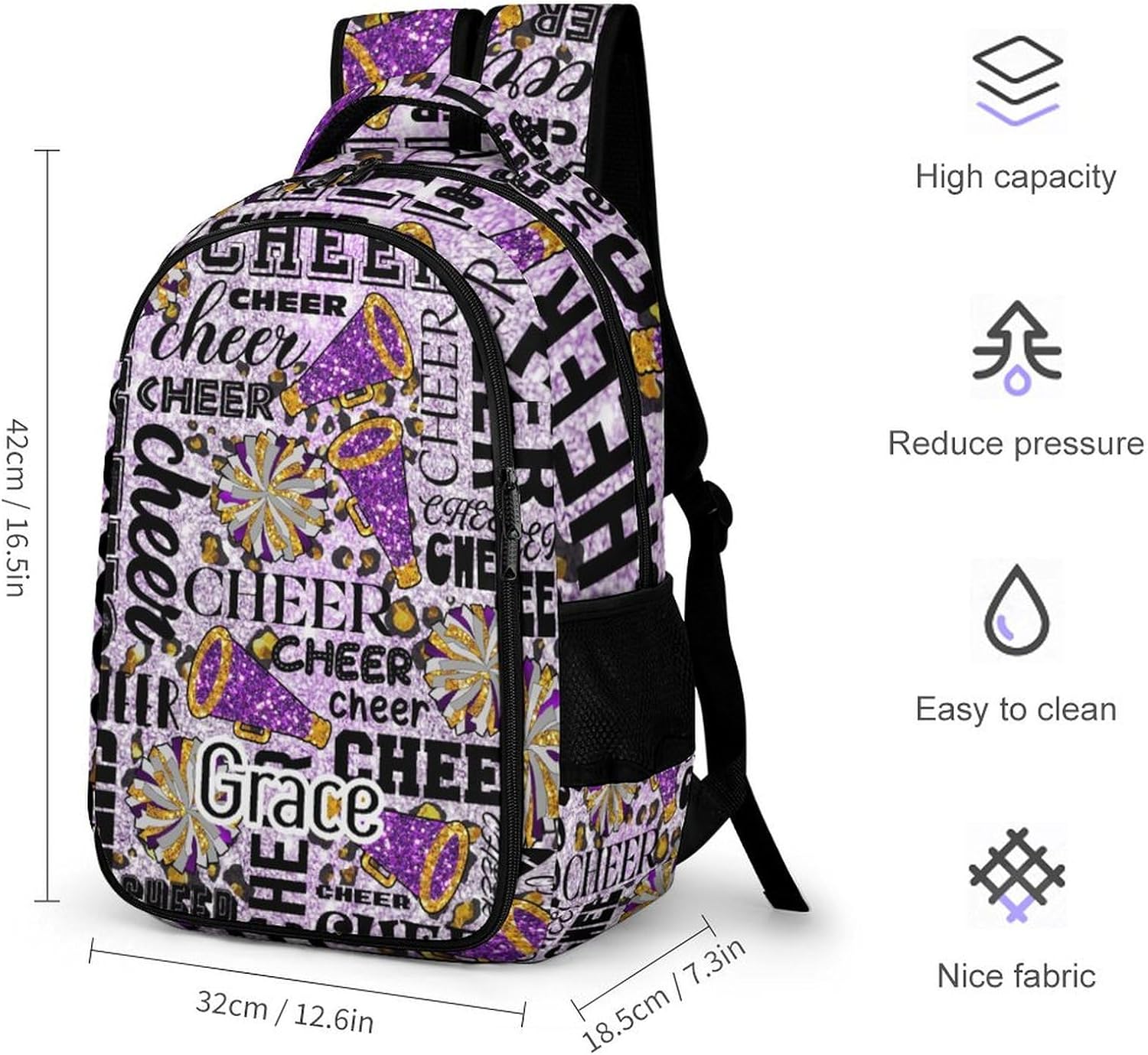 Cheer Cheerleader Backpack Cheerleading BookBag Custom with Padded Bag Name Cheer Team Spirit Gym Bag for Girls Teens, Water-Resistant School Backpack(Purple Yellow)