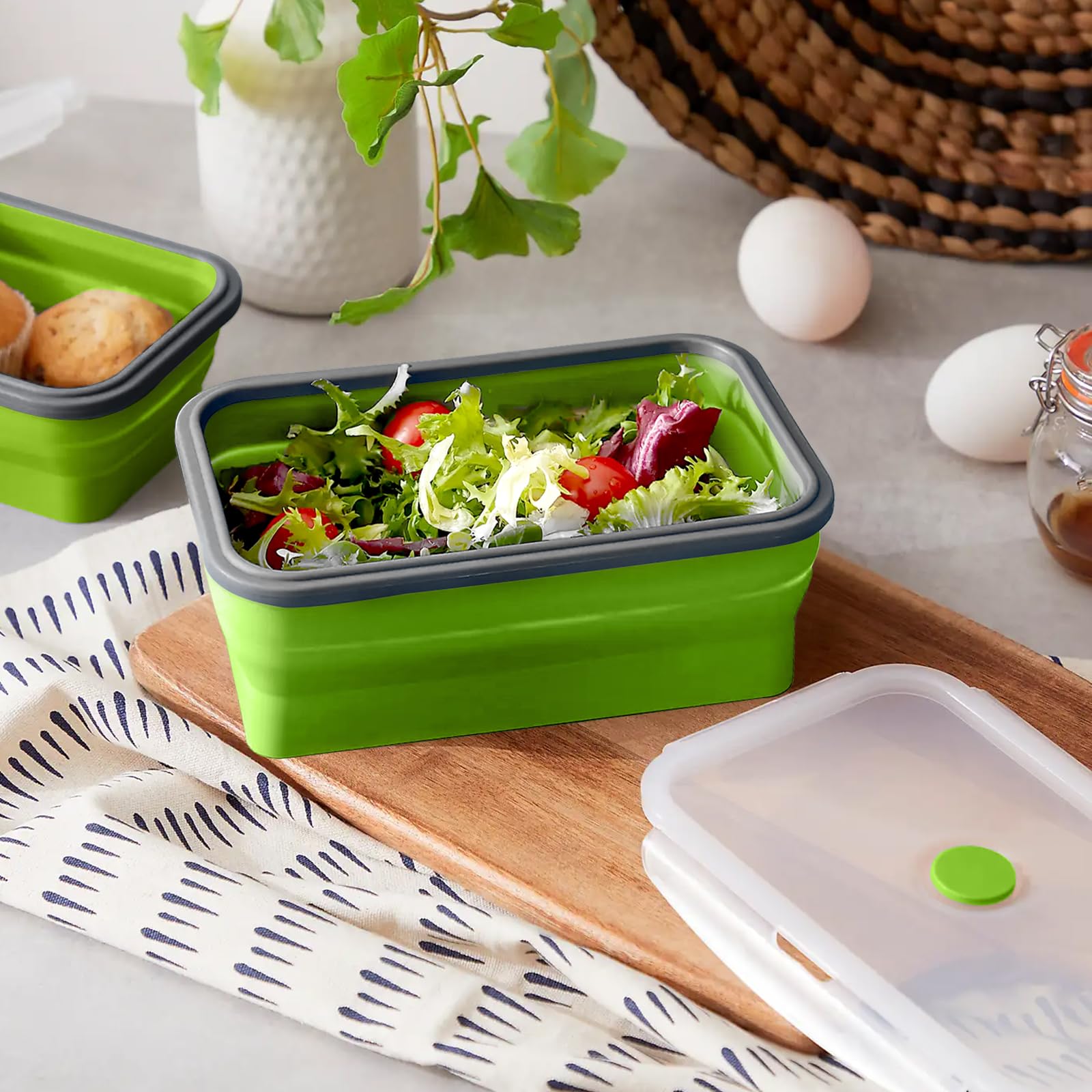 Set 4 Contenedores Plegables Silicona Con Tapa: Ahorra Espacio, Libre De BPA, Apto Microondas, Colores
