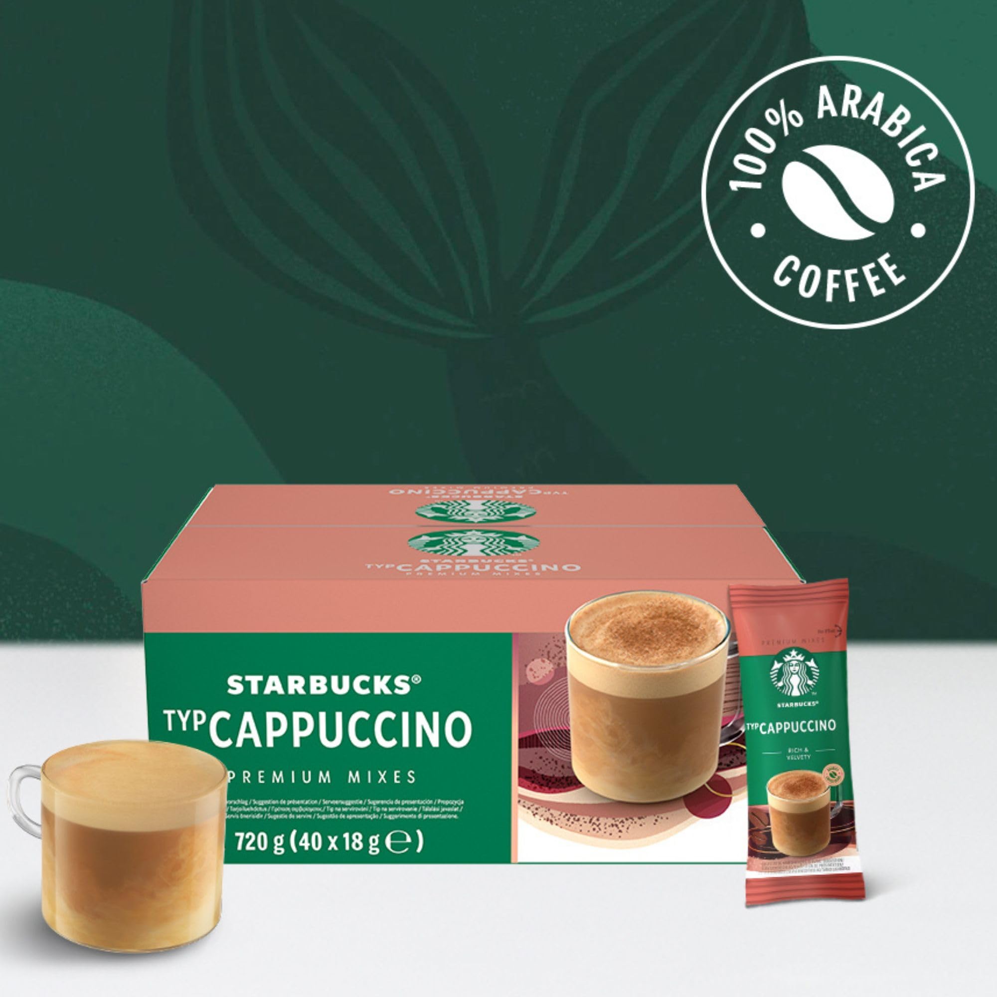STARBUCKS Cappuccino - 40 Sachets Solubles - Spécialités Instantanées Gourmandes - Café 100% Arabica - Facile à Emporter - Boîte de 40 Sticks de 18g - 720g | Préparation soluble avec du lait et du café pour cappuccino, pour service monodose.