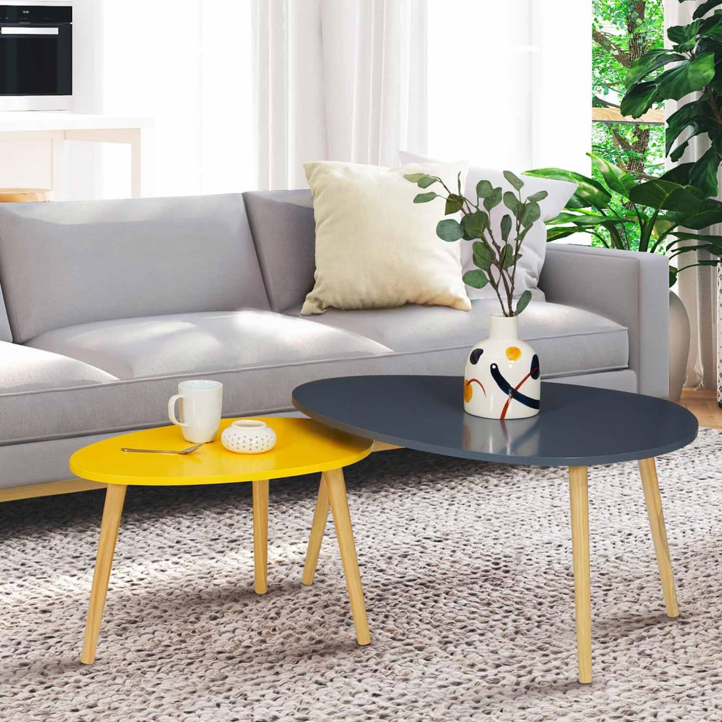 IDMarket - Lot de 2 Tables Basses gigognes Gaia laquées Gris Jaune scandinave