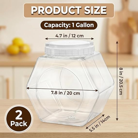 SOUJOY 2 Pack Plastic Candy Jar with Lid, 1 Gallon/128oz Cookie Containers for Kitchen Counter, Clear Hexagon Candy Display for Snacks, Dog Treats, Craft and Sewing Supplies, Coffee Pod, Laundry Pod
