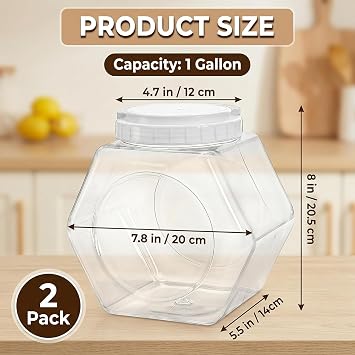 SOUJOY 2 Pack Plastic Candy Jar with Lid, 1 Gallon/128oz Cookie Containers for Kitchen Counter, Clear Hexagon Candy Display for Snacks, Dog Treats, Craft and Sewing Supplies, Coffee Pod, Laundry Pod