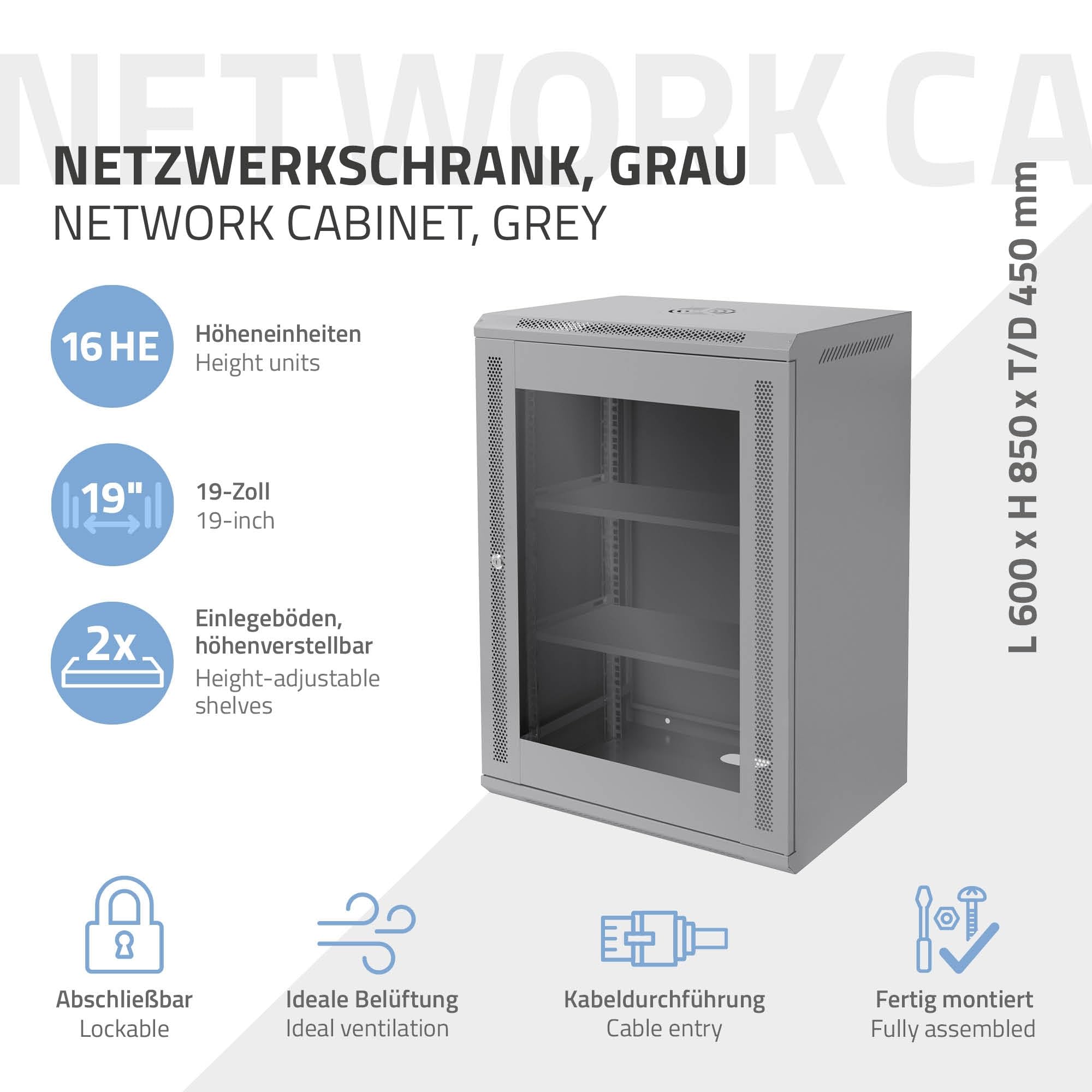 ECD Germany Armario de Red 16 U(Unid de Altura)Mueble para Servidores, Rack 19 Pulgadas Gris Montaje en Pared 600 x 850 x 450 mm Carcasa con Puerta de Cristal y Cerradura de Seguridad, Capacidad 60kg