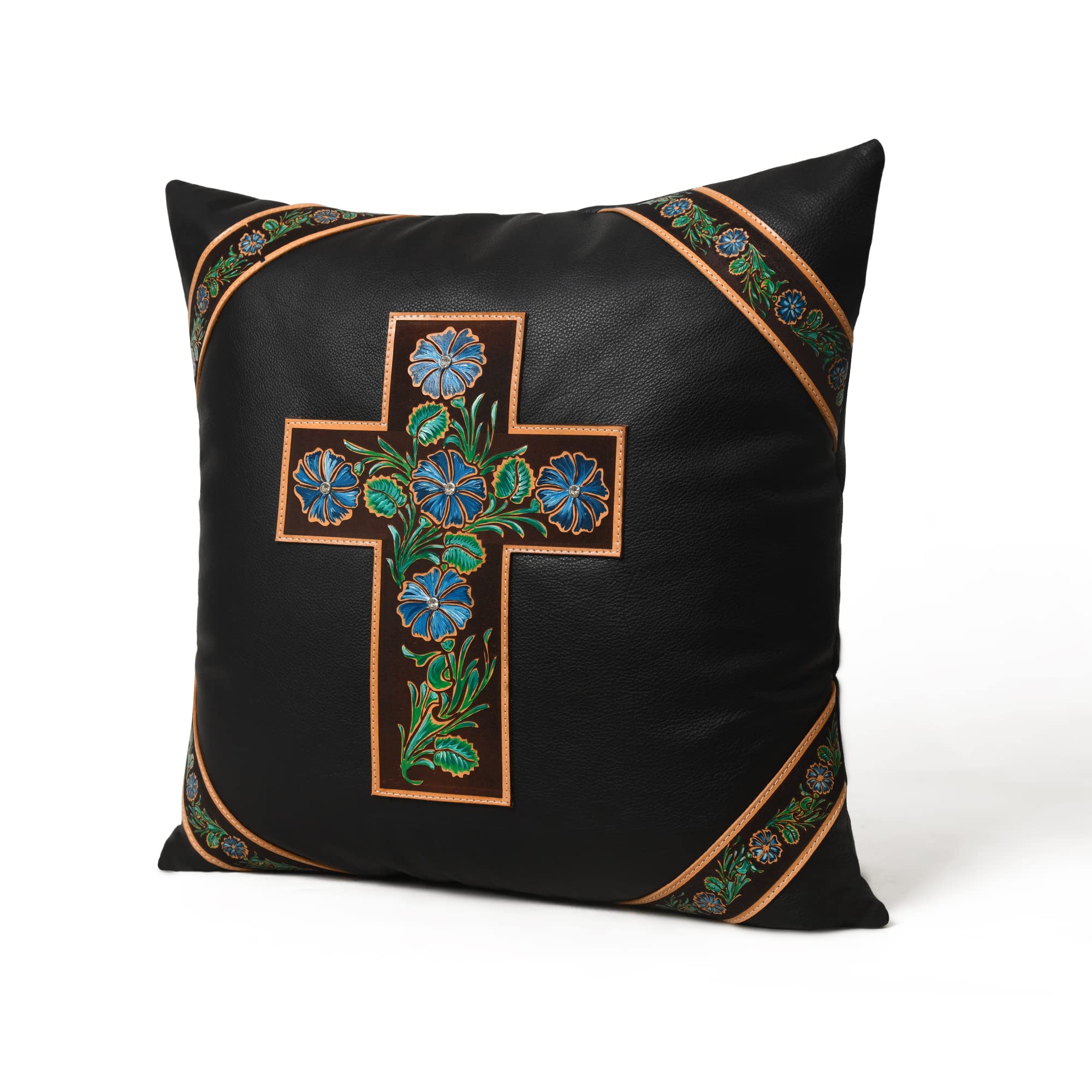 MOUSM Turquoise and Green Cross Pillow Cover, Top Grain Cow Leather, Black, Hand-Painted Floral Design Set of (1)