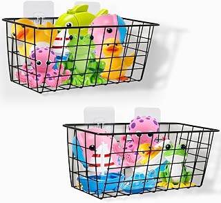 LCMWHOP Hanging Bath Toy Storage Basket 2-Pack - Durable Metal Organizer with Hooks for Kids Bath Toys & Bathroom Essentials