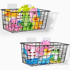 Hanging Bath Toy Storage Basket - 2 Pack Metal Bath Toy Holder with Hooks - Bathtub Toy Storage
