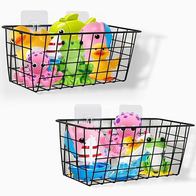 Hanging Bath Toy Storage Basket - 2 Pack Metal Bath Toy Holder with Hooks - Bathtub Toy Storage