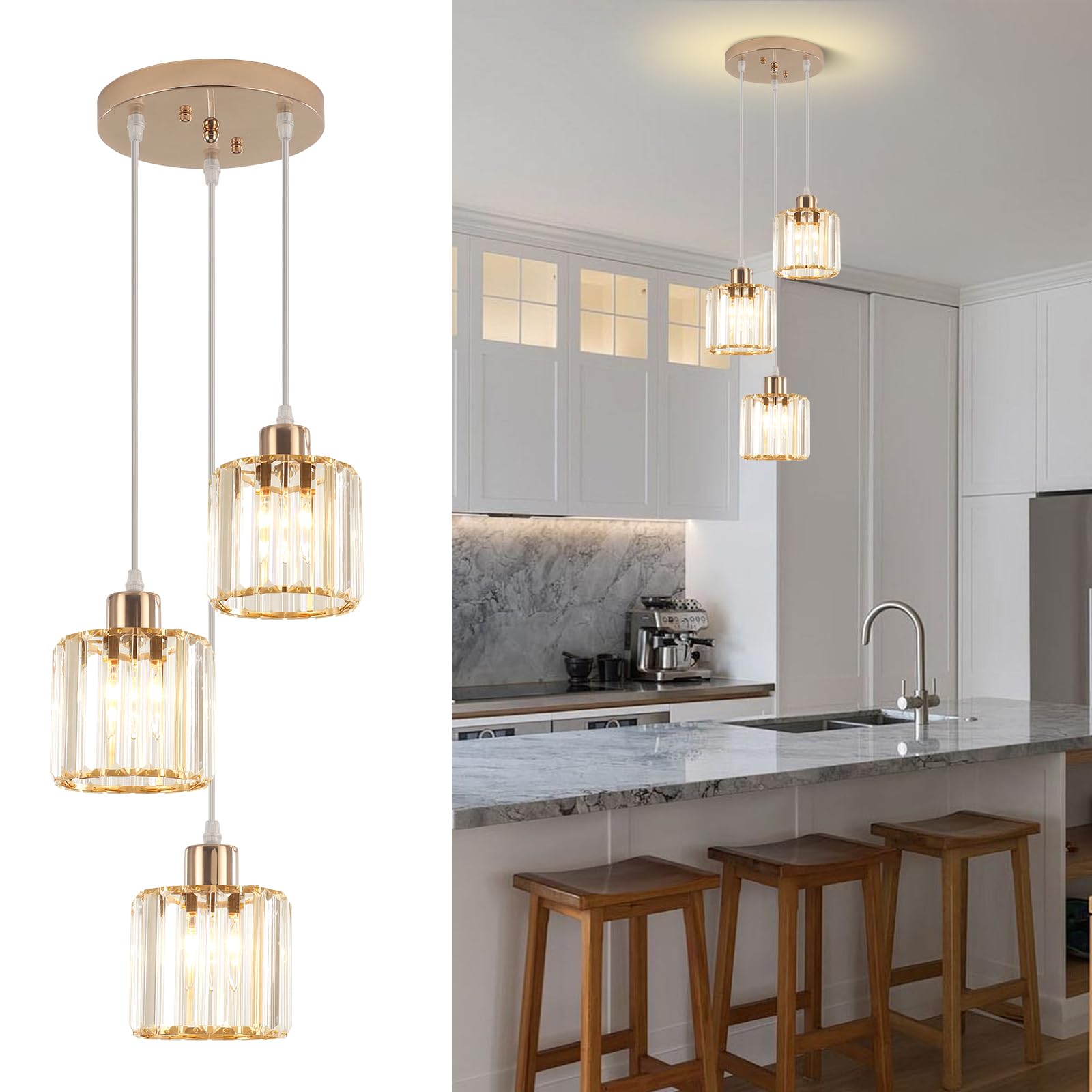 Pendelleuchte Esstisch Pendellampe Kristall, 3 Flammig Gold Kronleuchter Modern Hängelampe Kristall Pendelleuchte Höhenverstellbar E27 Fassung Hängeleuchte für Wohnzimmer Küche Schlafzimmer Flur