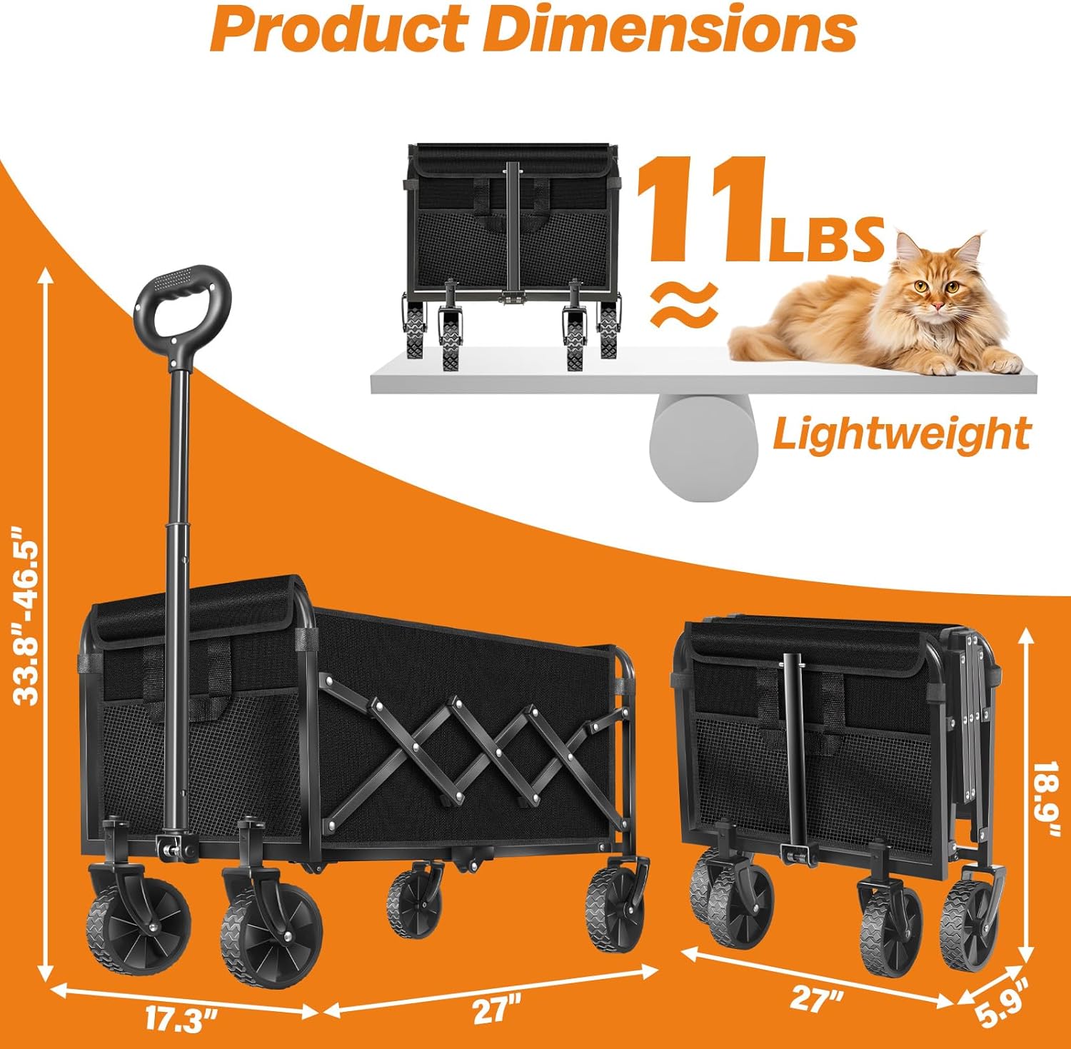 Collapsible Wagon Cart Foldable, 360lbs Portable Folding Wagon with Wheels, Foldable Wagon Carts Utility for Camping, Beach, Grocery, Shopping, Sports, Garden(Classic Black)