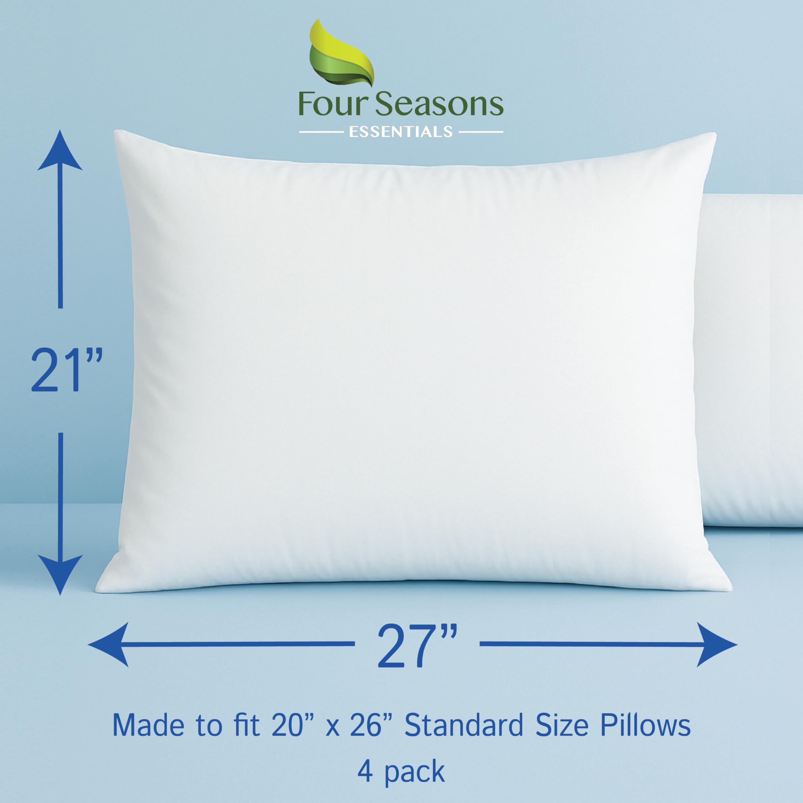 Four Seasons Essentials Protectores de almohada estándar (juego de 4) – Funda de almohada de alergia impermeable para chinches hipoalergénico al polvo, ácaros y alérgenos con cremallera