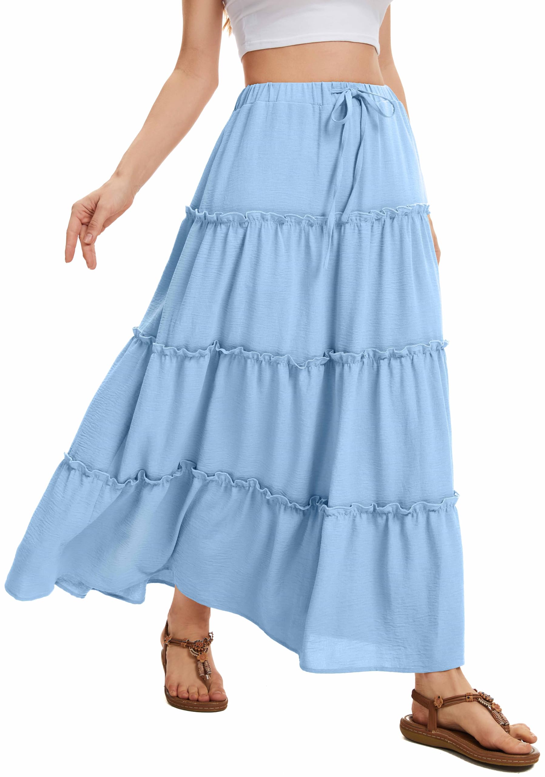 WUWUSKY Rock Damen Sommer Maxi Rock Elegant Lang Hohe Taille Sommerrock Casual A-Line Freizeitrock mit 2 Taschen