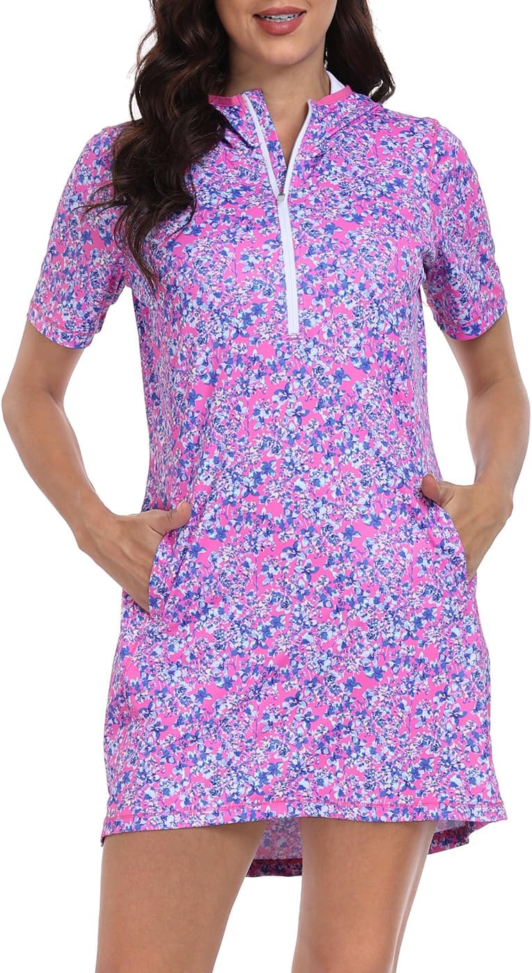 HDE Women's Short Sleeve Beach Coverup Dress with Hood UPF 50 Swim Cover Up