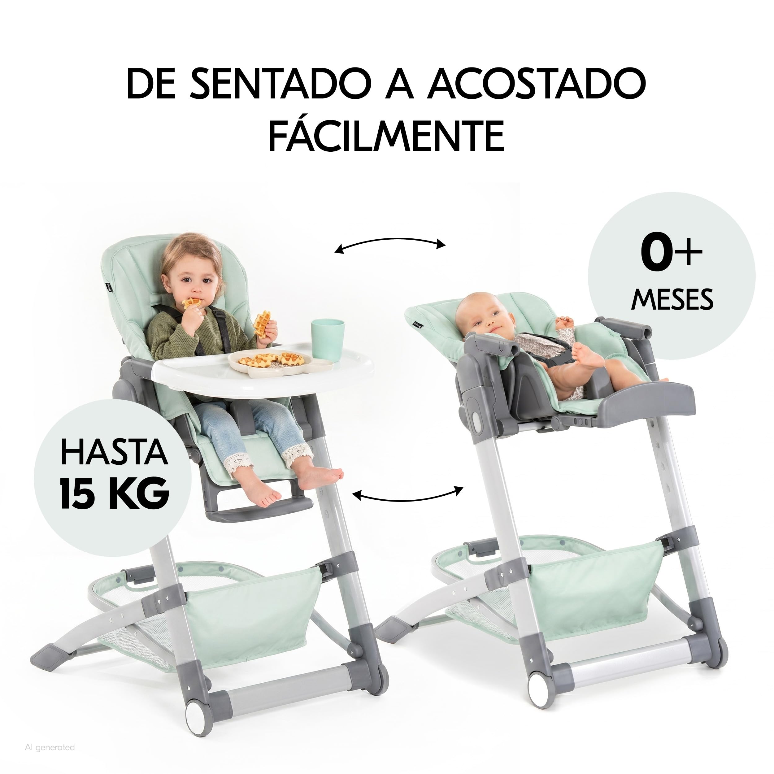 hauck Grow Up Tronas de Bebe Plegables Aptas desde el Nacimiento – Silla Alta con Función Acostada - Bandeja - Ruedas - Altura Regulable - Evolutiva - Portátil - Menta