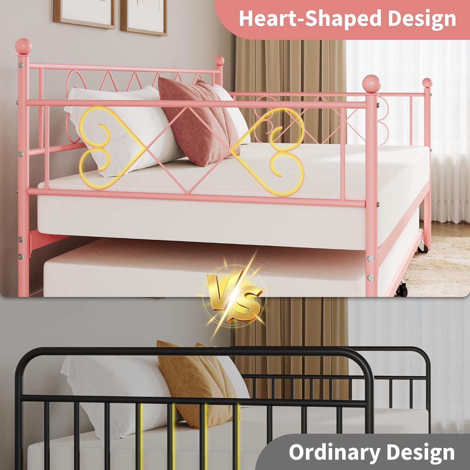 GarveeTech Twin Metal Daybed with Trundle, Steel Slat Support, Metal Sofa Bed Frame, Heart-Shaped Headboard, Space-Saving Sofa Bed for Bedroom Living Room Guest Room, Easy Assembly, Pink