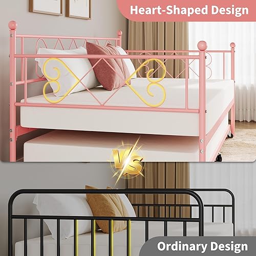 Miniatura 4 de Sofá cama con nido, cama nido individual con cabecera en forma de corazón, sofá cama de metal resistente, soporte de marco de cama de metal