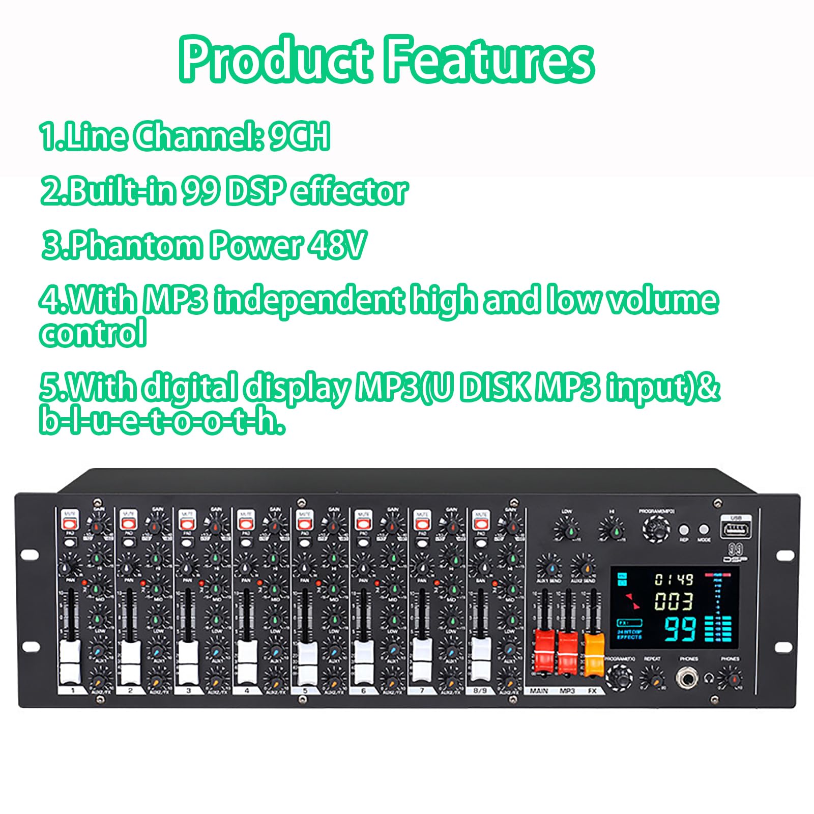 Mezclador de audio profesional de 9 canales con pantalla digital, Bluetooth integrado, alimentación Phantom de 48 V y 99 efectos DSP, entrada MP3 para uso en transmisión