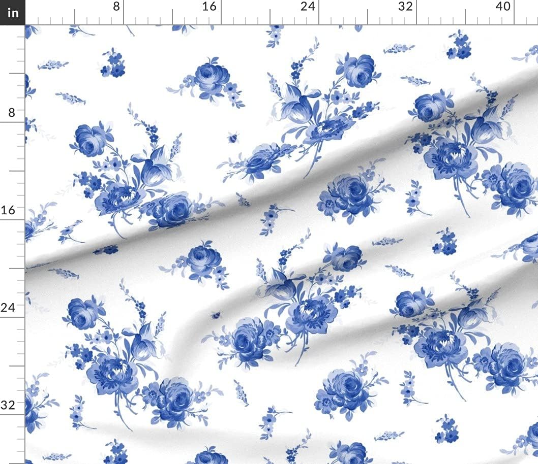 Spoonflower Fabric - Ink Roses Blue White Floral Flowers Summer Spring Printed on Petal Signature Cotton Fabric Fat Quarter - Sewing Quilting Apparel Crafts Decor