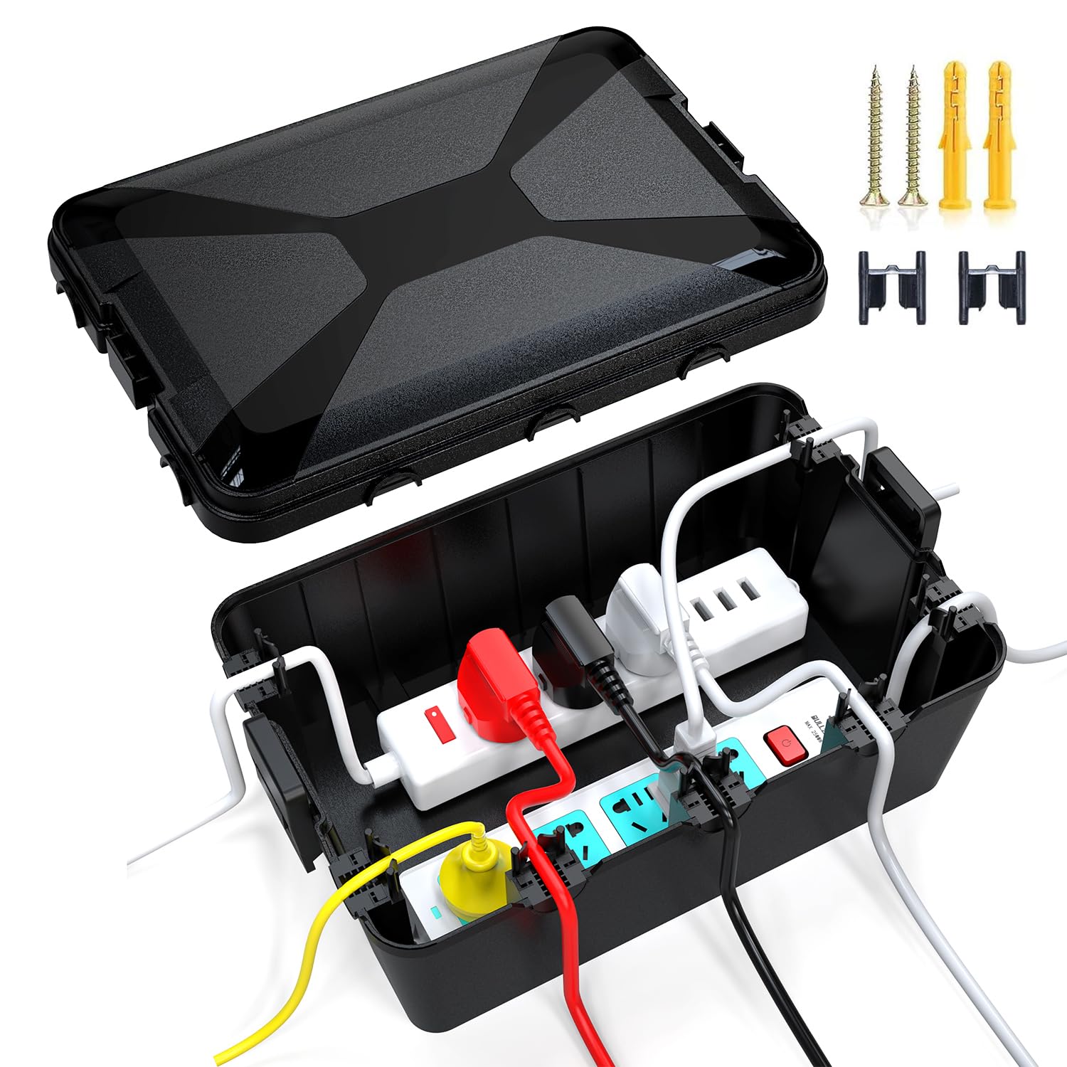 Large Outdoor Electrical Box Waterproof (12.9 x 8.3 x 5.2 inch), IP54 Weatherproof Extension Cord Cover with 7 Cable Seal Entry, Protect Power Strip, Timer Outlet Plug, Holiday Light, Black