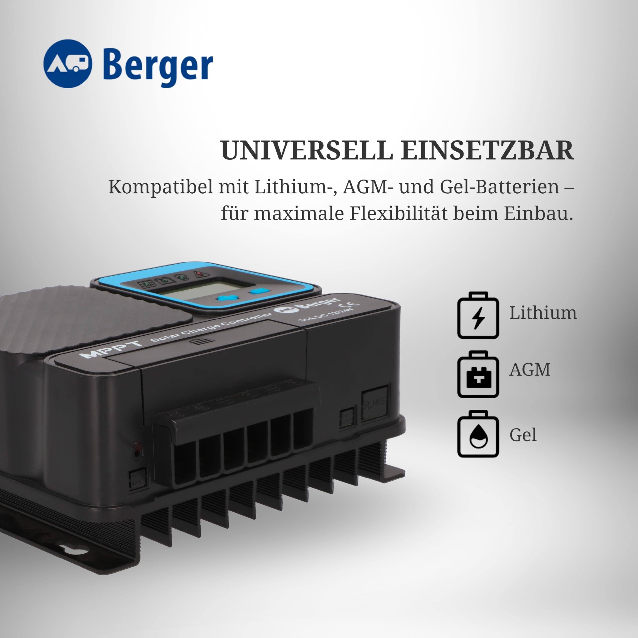 BERGER MPPT-Solarladeregler SX PRO | Laderegler Solar 12 V / 24 V | Kompatibel mit LiFePO4, AGM & Gel-Batterien | Hoher Energieertrag für Solarpanel Camping Solartasche (30 A)