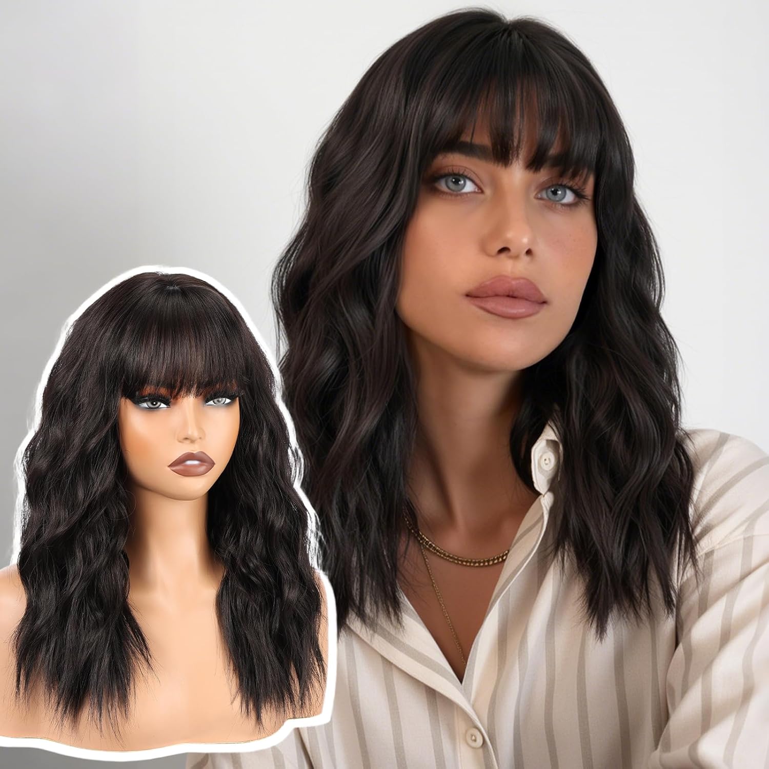 topshe Ash Blonde Wig with Bangs for Women 18 Inch,Wavy Curly Copper Hair Shoulder Length, Heat Friendly Synthetic for Party & Daily Wear