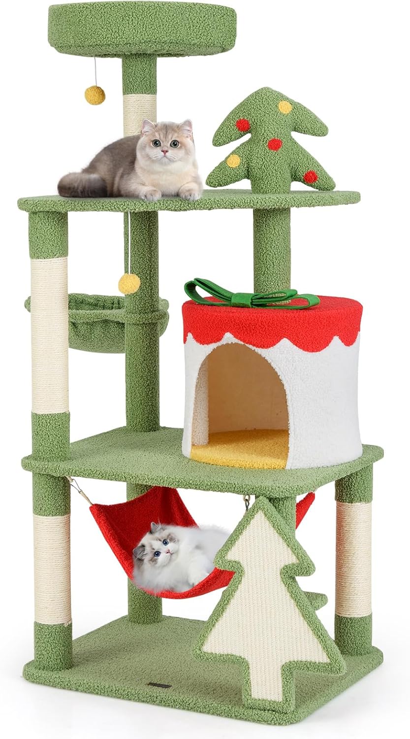 Tangkula Christmas Cat Tree, 52” Tall Cat Tower with Sisal