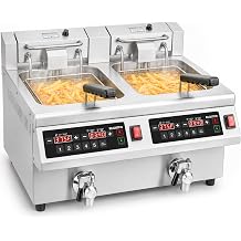 EGGKITPO 25.4 QT Dual Tank Commercial Deep Fryer with Timer and Oil Drain Large Electric Countertop Fryer with Temperature Control, Solid Basket, Night Cover for Restaurant and Business Use 120V 3600W