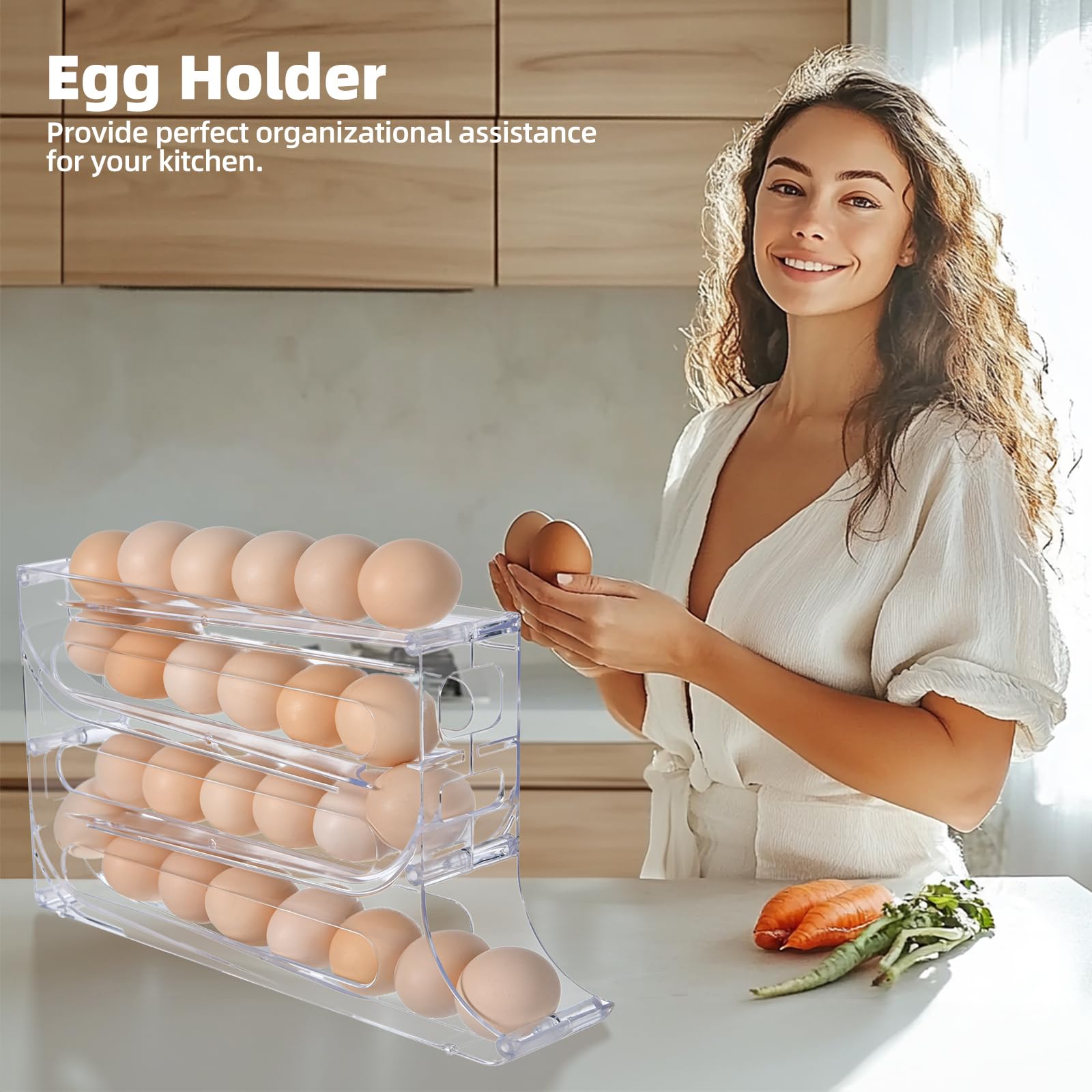 Soporte para huevos de 4 niveles para nevera, soporte para huevos de desplazamiento automático, organizador de huevos de gran capacidad, almacenamiento de 30 huevos para nevera, transparente