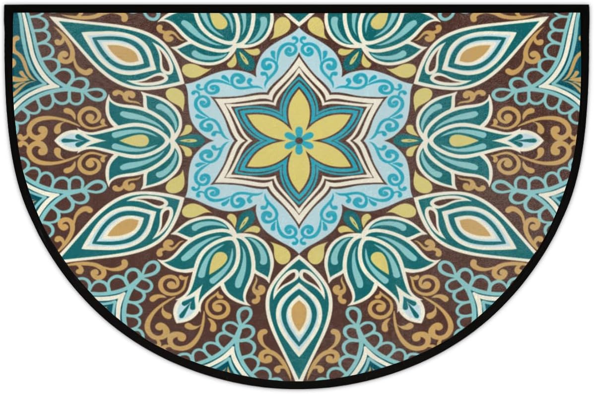 Floral Mandala Half Round Doormat Ethnic Turquoise Washable Semi Circle Area Rug Non Slip Absorbent Half Moon Rug for Indoor Outdoor Bathroom Kitchen Patio Front Welcome Fireplace Hearth Floor Mat