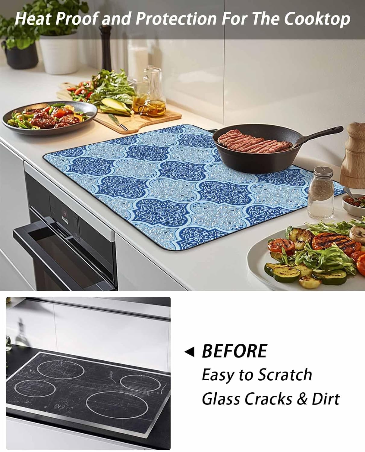Stove Top Cover Blue Geometric Stove Cover for Electric Stove Top Morocco Abstract Art Glass Cooktop Covers Anti-Slip Mat Heat Resistant Countertop Protector Kitchen Decor 28.5"x20.5"