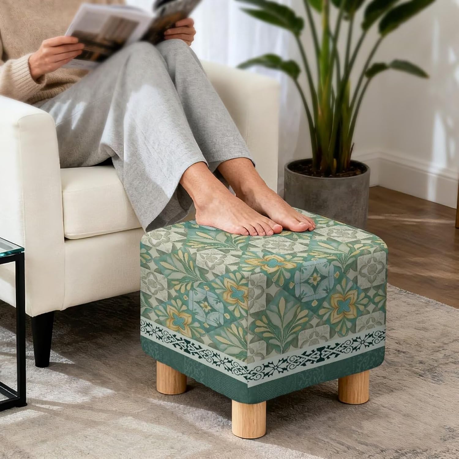 Vintage Floral Plaid Print Stretch Ottoman Cover Square, Green Removable Footstool Slipcover for Living Room Washable Storage Stool Furniture Protector for Foot Stool