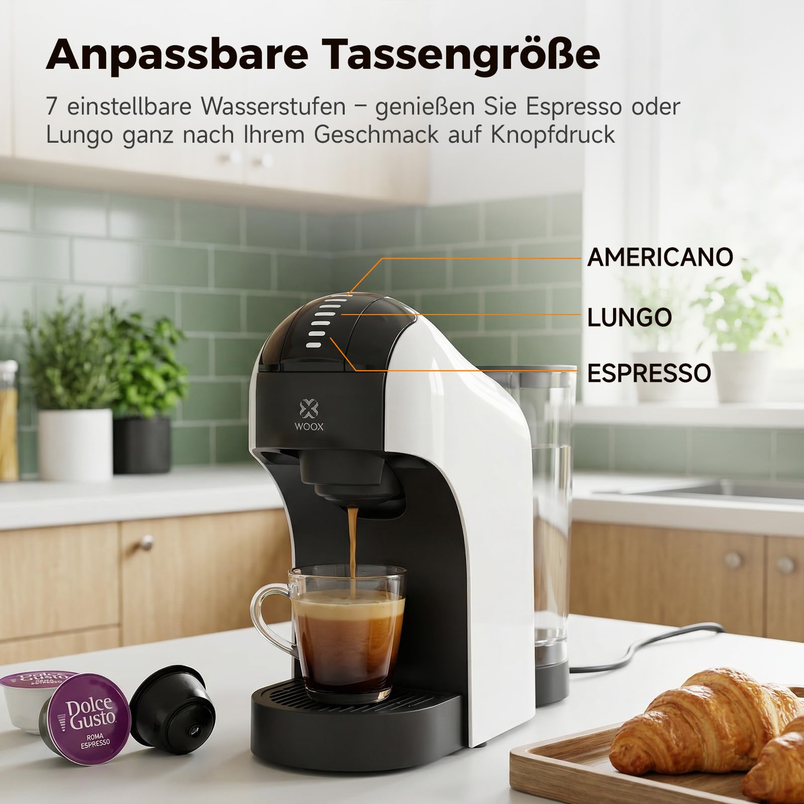 WOOX Kapselmaschine 3-in-1, 20 Bar, 1400W, Kompakte Kaffeemaschine für Nespresso, Dolce Gusto, K-fee und Kaffeepulver, 850ml Wassertank, Abschaltautomatik