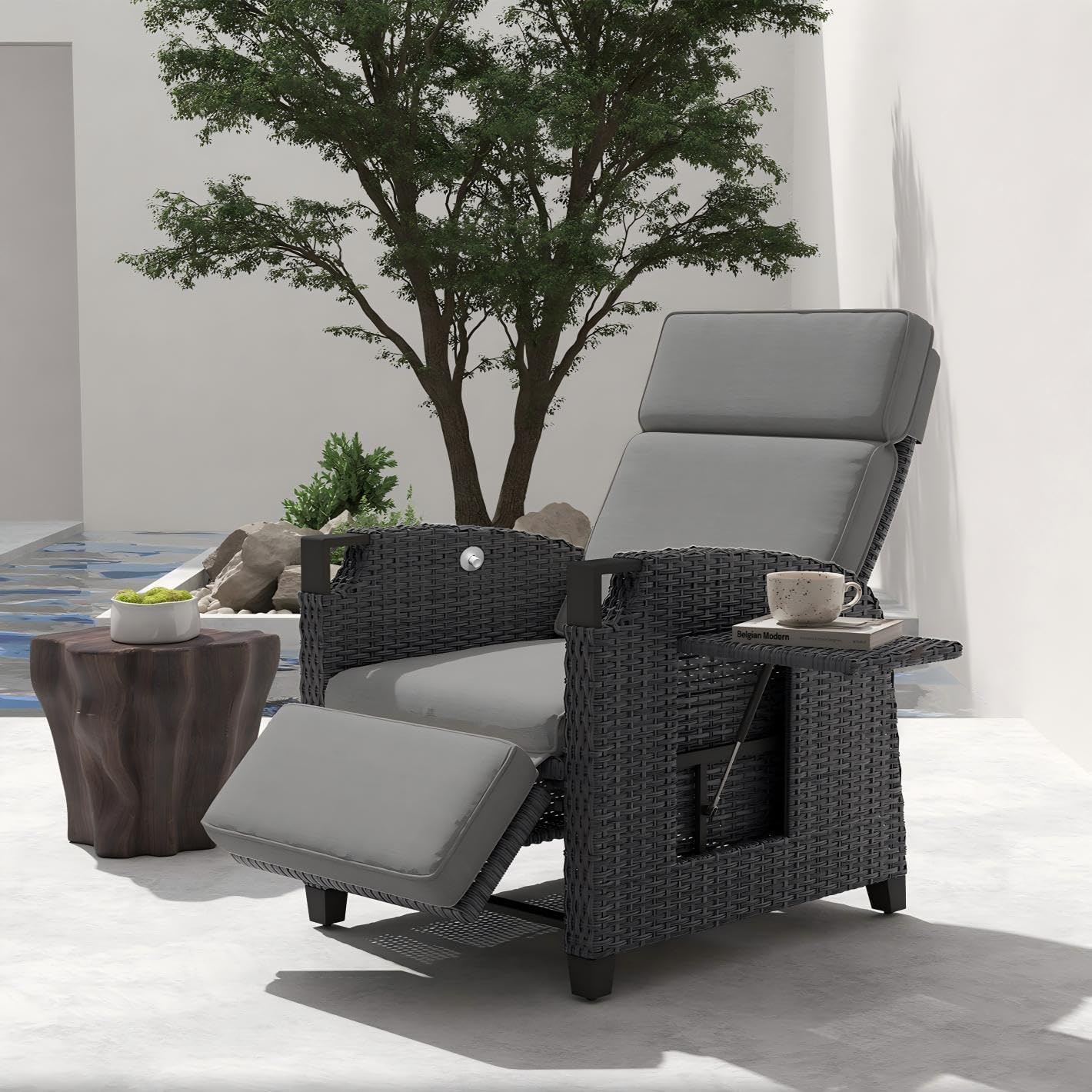 UDPATIO Sillón Ratán Jardin Exterior Reclinable, Tumbona de Jardín Ajustable 150°, con Respaldo Ajustable, Fundas + Extraíbles Cojines, Impermeable, para Interior y Exterior - Gris