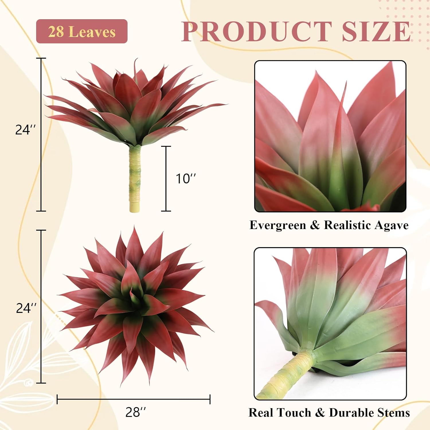 Faux Agave Plant Outdoor, 28 inch Lagre Artificial Succulents Stems, Fake Agave Plants for Home Decor (2Pack, Red)