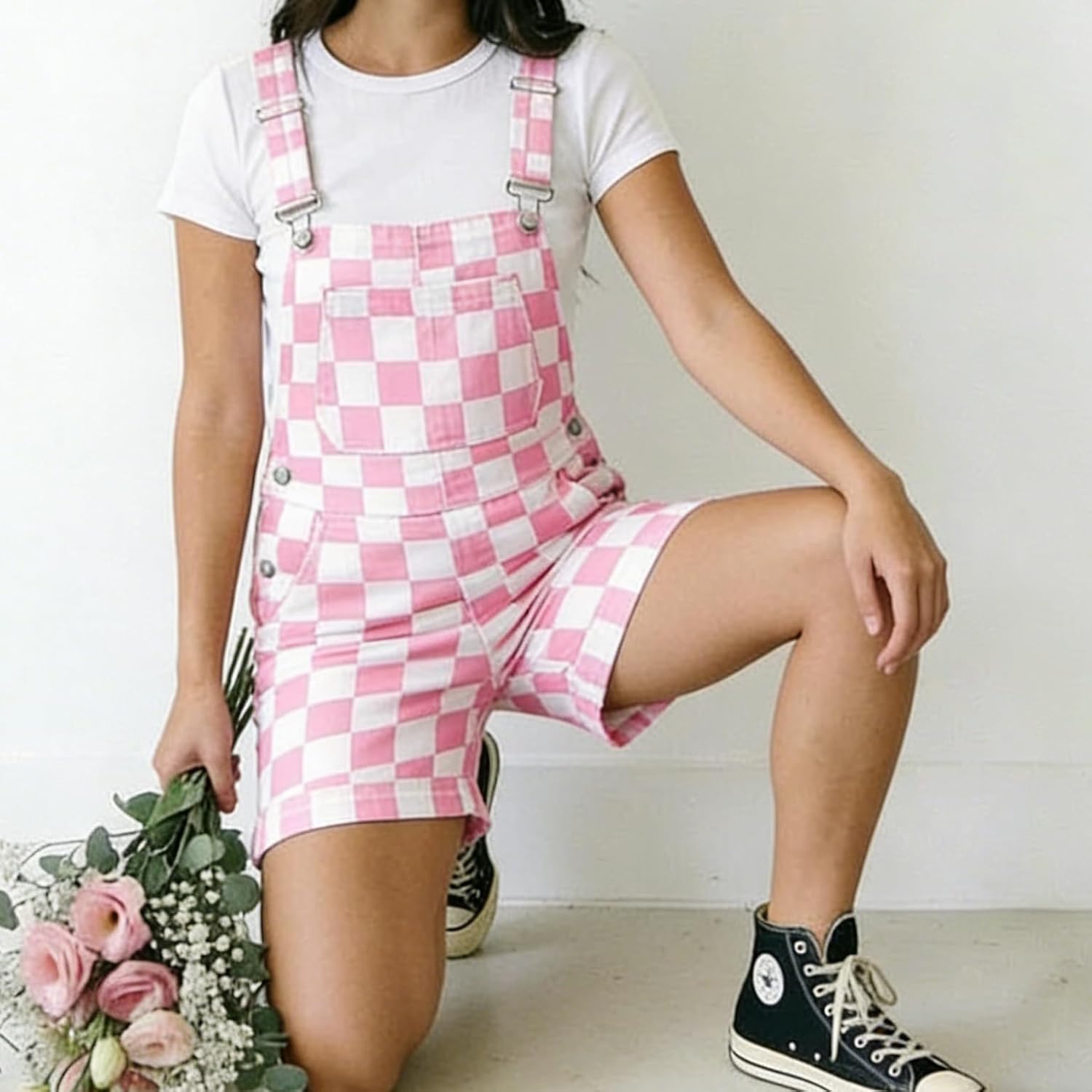 utcoco Overall Shorts for Women Fashion Checkered Bib Coveralls Cute Shortalls Romper Jumpsuit