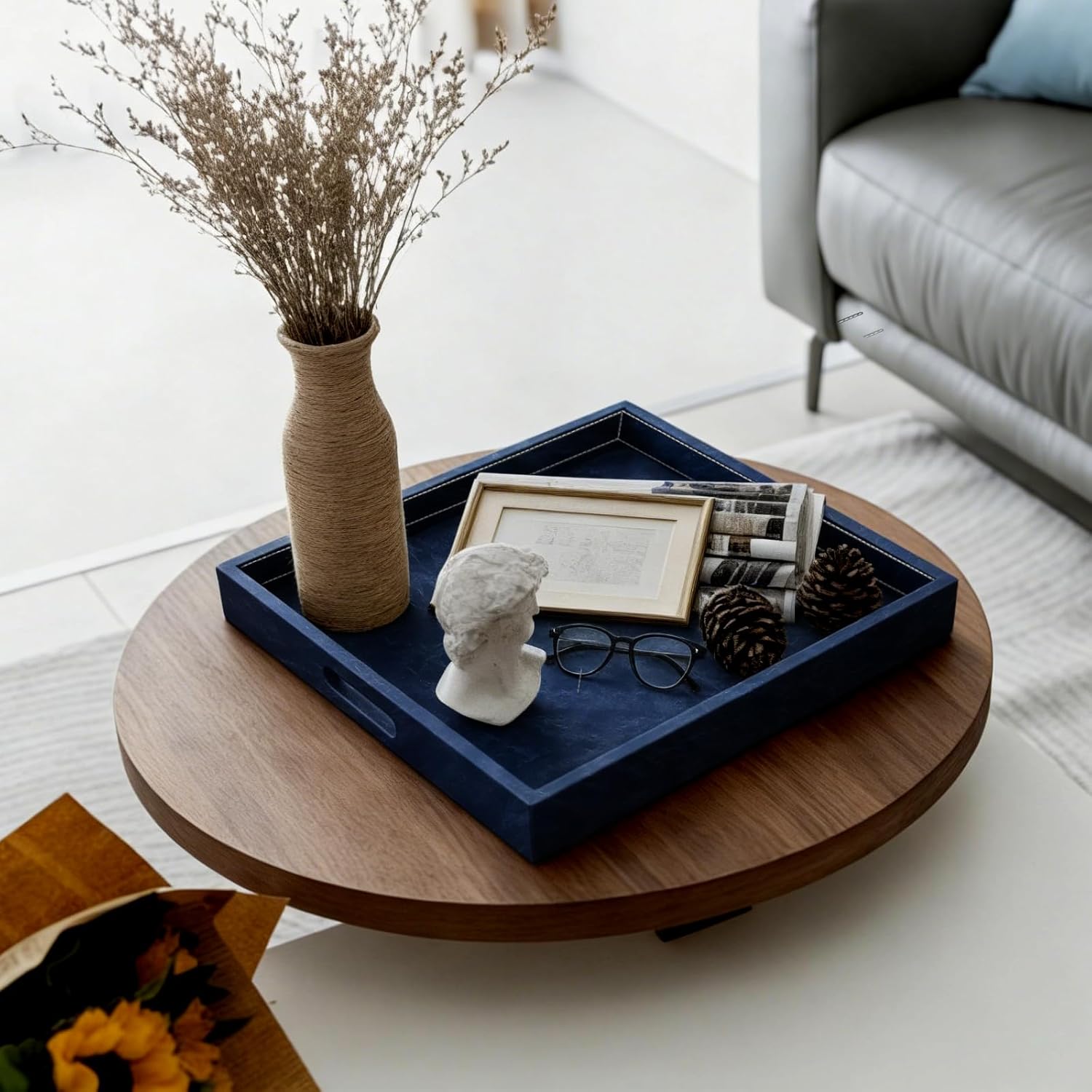 16x16 inches Square Leather Ottoman Serving Tray with Hole Handles, Modern Minimalist Service Tray for Living Room, Coffee Table, Bed, Tea, Food, Butler Countertop, Kitchen, Dinner, Picnic (Blue)