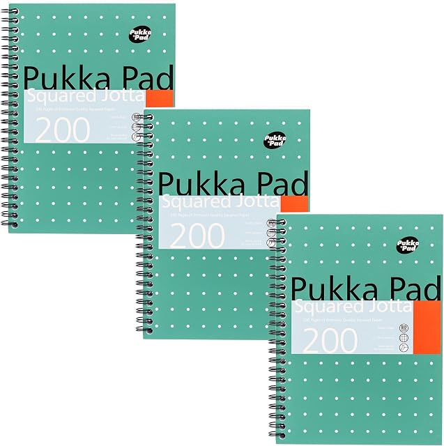 Pukka Pad, A5 Squared Jotta Book 3-Pack  21 x 14.9cm - Wirebound Notebook with 5mm Squares on 80GSM White Paper with Perforated Edges for Easy Removal - 200 Pages
