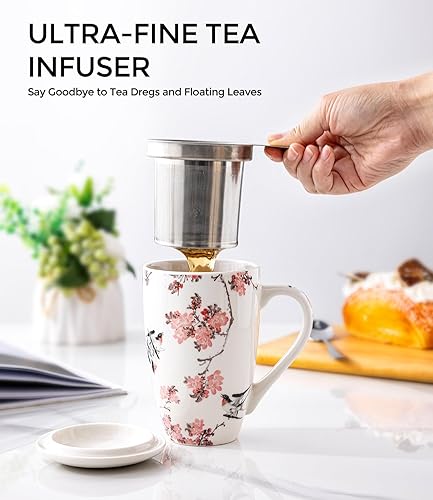 Miniatura 9 de AmorArc Taza de té de porcelana con infusor y tapas, colador de taza de 18 onzas con soporte para bolsa para hojas sueltas, taza de café para