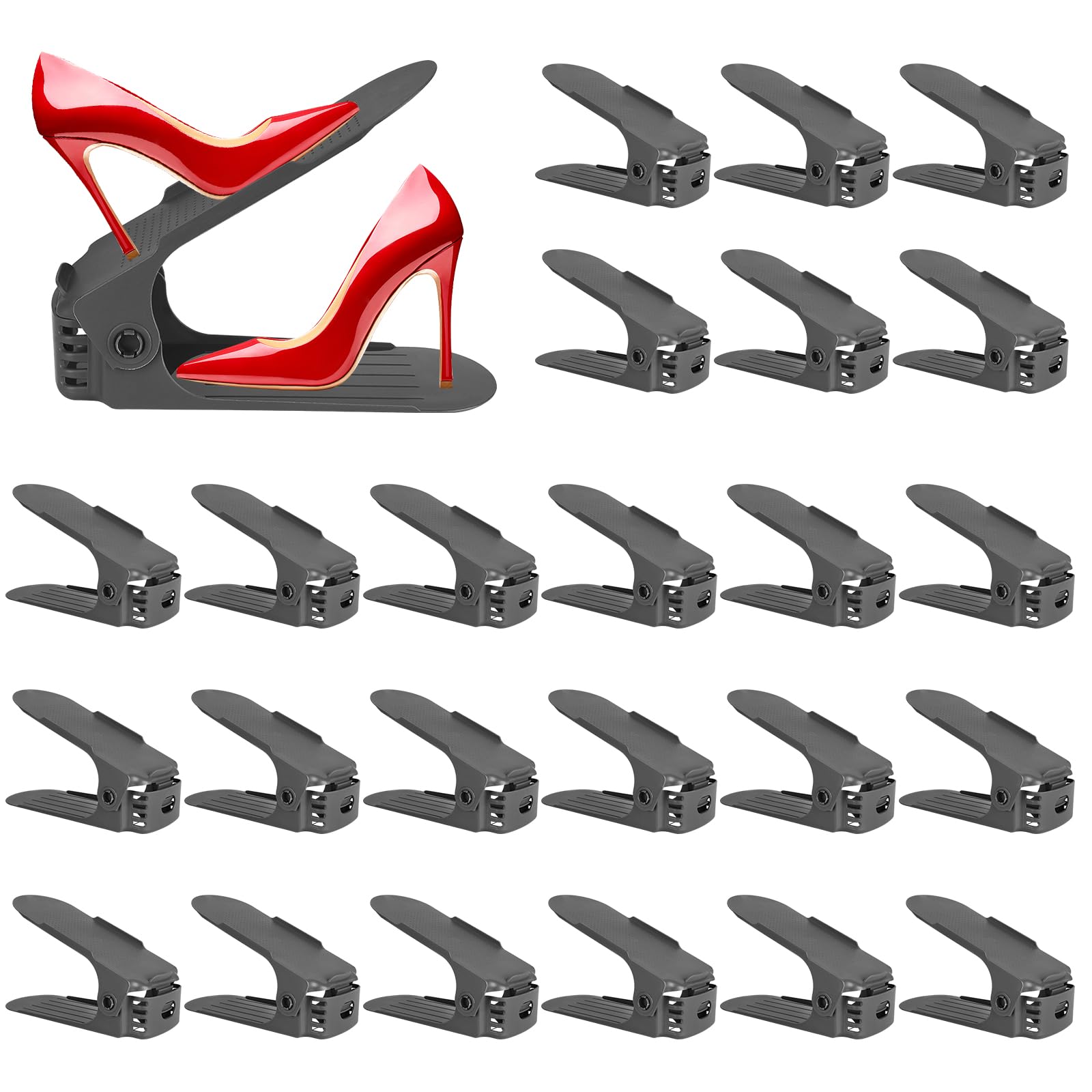 Organizadores de Zapatos,24PCS Soporte de Calzado de Altura Ajustable,Zapatero Simple,Ranuras Soportes de Calzado Apilador para Zapatos Ahorro de Espacio,4 alturas para todo zapatos(Gris Oscuro)