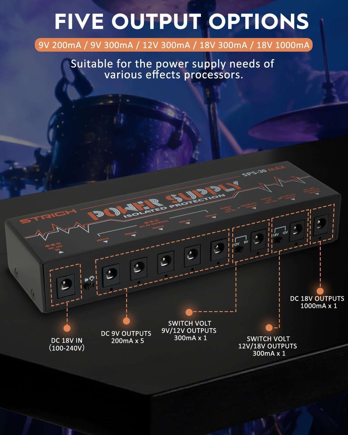 STRICH Guitar Pedal High Power Supply, Pedalboard Power Supply with 8 Totally Independent DC 9V/12V/18V Outputs(200mA/300mA/1000mA) for Power-hungry Effect Pedal, SPS-30 MAX