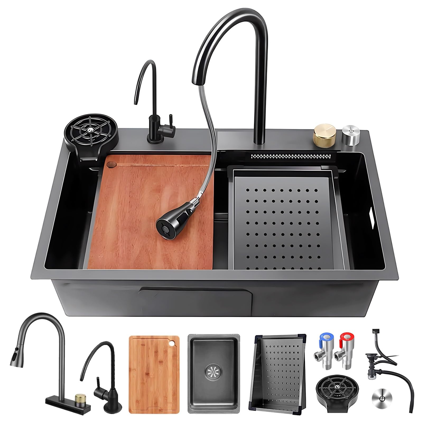 ZQFHSX Large Waterfall Kitchen Sink, Multifunctional Bar Sink With Pull Out Faucet, Cup Washer & Drain Kits, Stainless Steel Farmhouse Single Bowl Drop In Workstation Sink(A,80x45x21cm)
