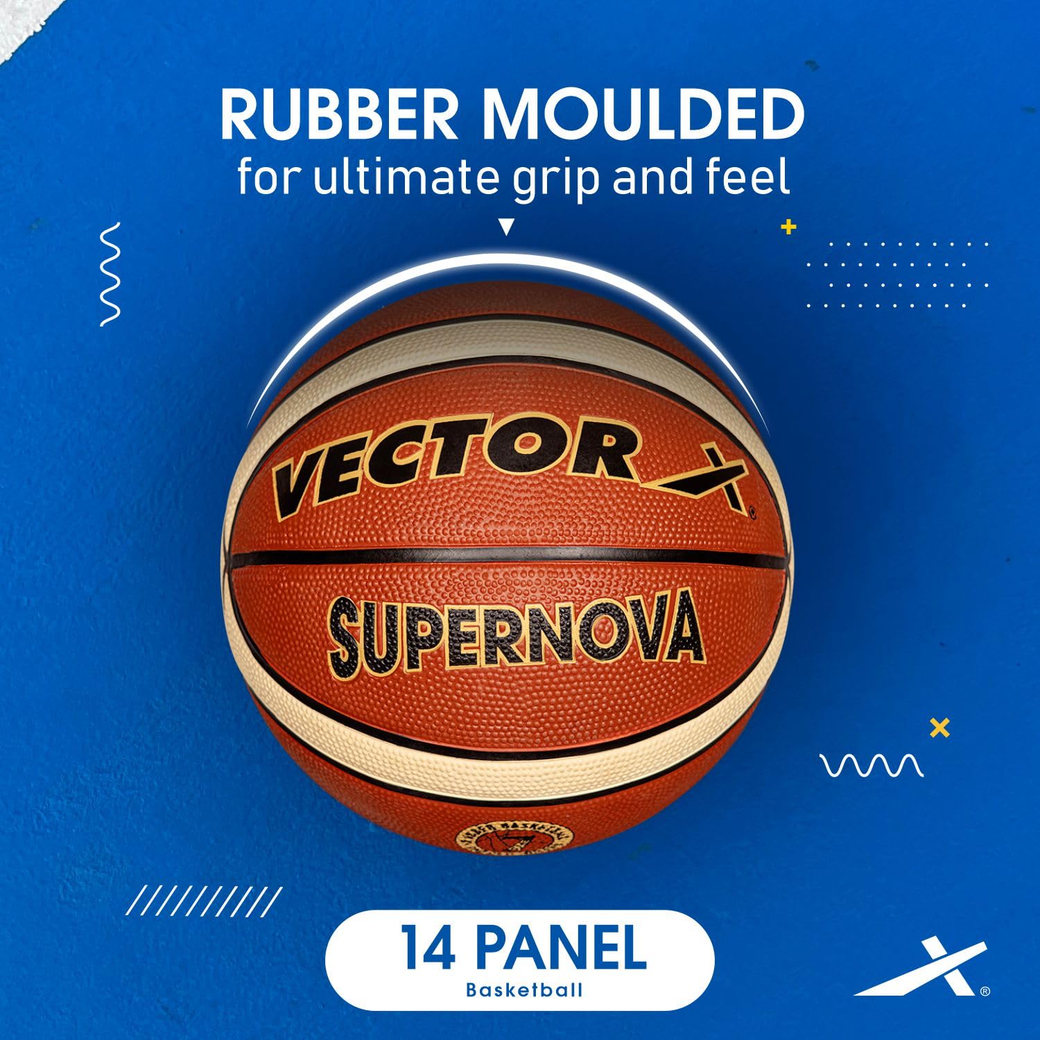 Vector X 14 Panel Supernova Rubber Moulded Indoor/Outdoor Basketball with Butyl Bladder, Brick Brown, Size: 5 (Suitable for Practice/Match/Training) + Free Air Needle 1