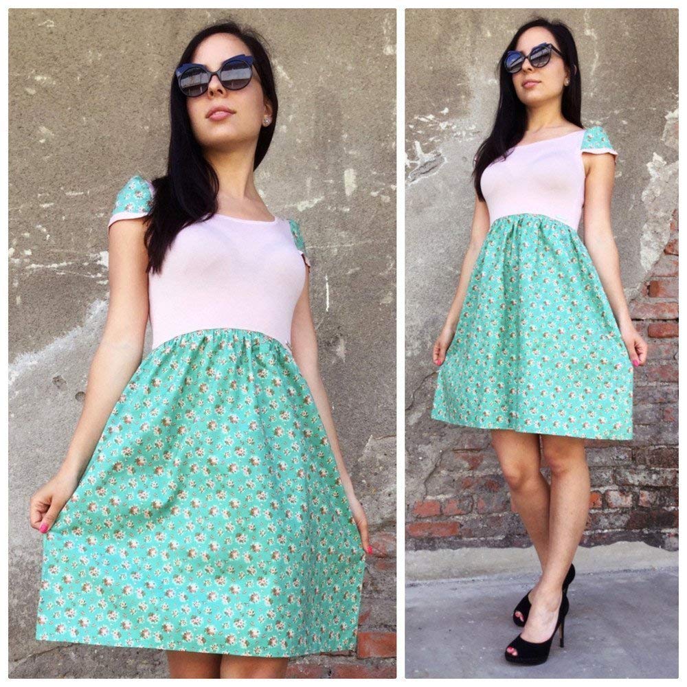 Damen Kleid mit Hasen oder Blumen - Vintage-Stil, Midi Kleid, SommerKleid in Farben, Kleid kurze Ärmel, Baumwolle Kleid, Damen Kleider,Sommerkleider in Größen M-XL