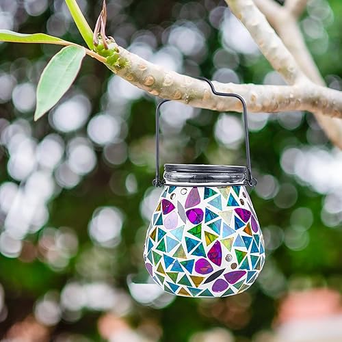 Miniatura 5 de Afirst - Faroles solares de mosaico  Luces colgantes de cristal con diseño de mariposa ahuecadas, impermeables, decorativas al aire libre para