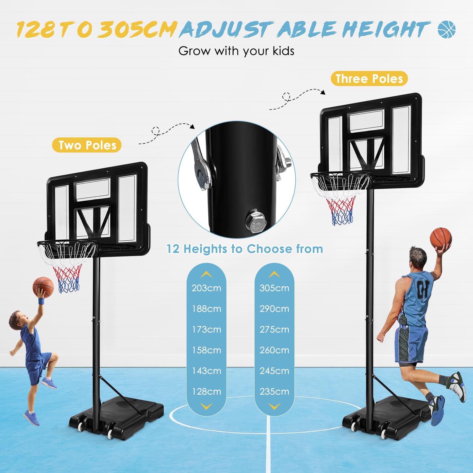 Basketballkorb für draußen, höhenverstellbar von 128 bis 305 cm, Basketballständer mit Rädern, geeignet für Jugendliche und Erwachsene
