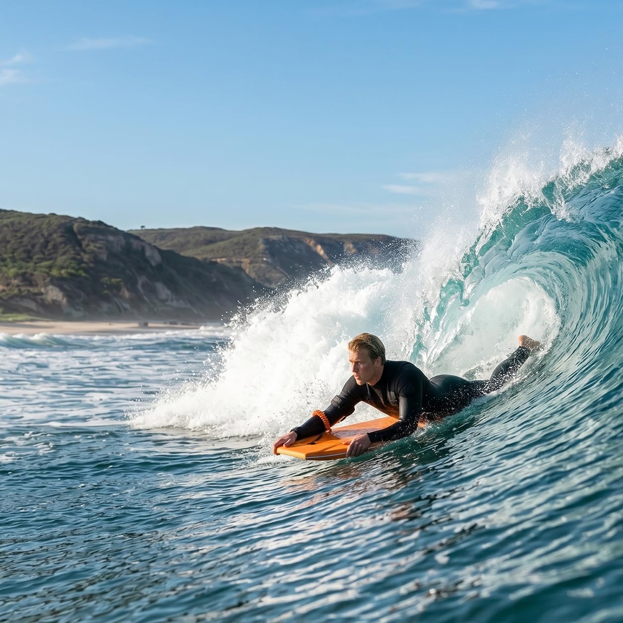 Billabong x CONTOUR SURF Bodyboards für Strandpool, 106,7 cm, leichtes PE-Kern, IXPE-Deck, HDPE-Boden, FRP Stringer, Hochleistungs-Bodyboard mit doppeltem Drehgelenk, Surfleine, Lightning Tangerine