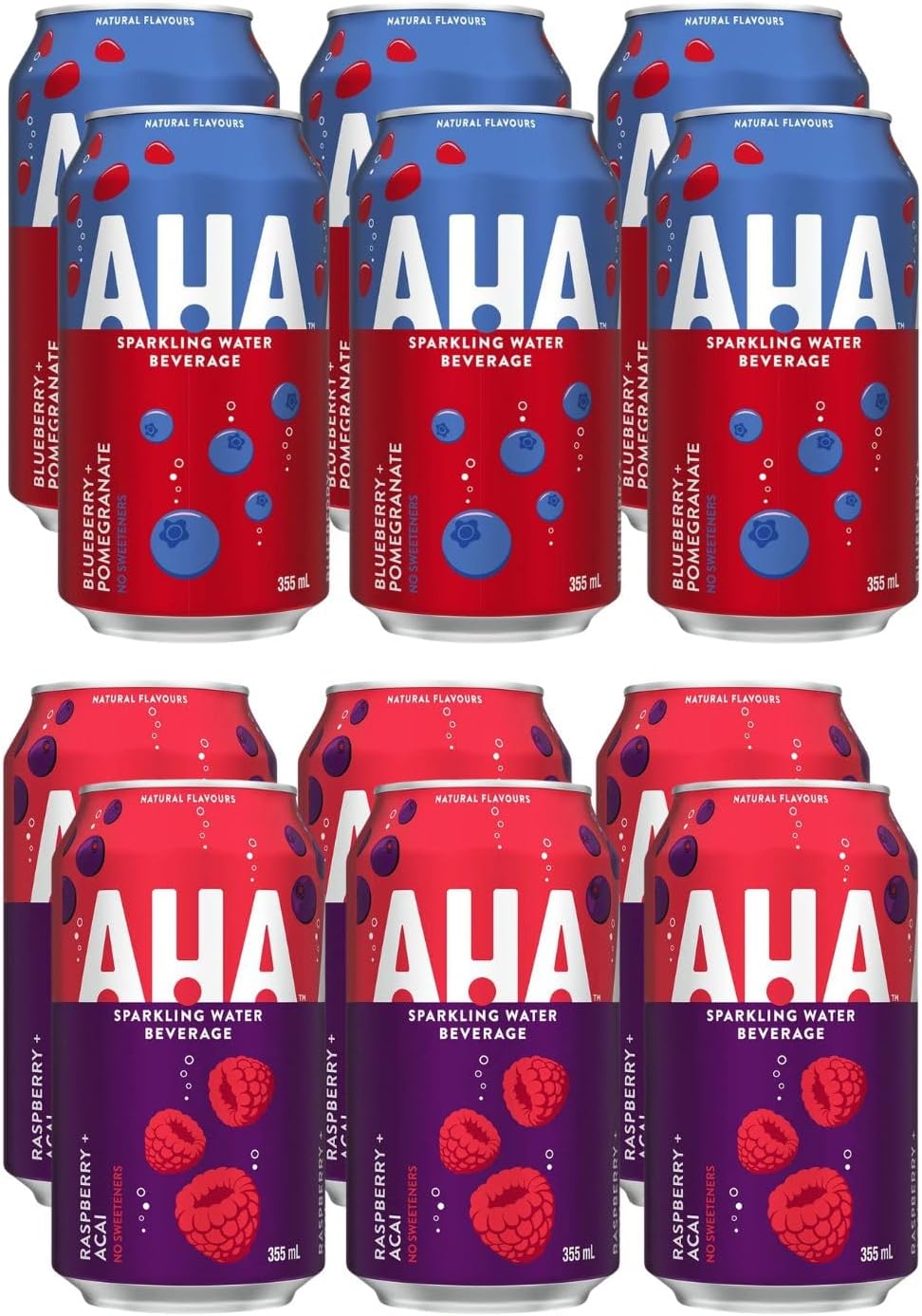 AHA Sparkling Water - Calorie Free, Natural Flavor - Pack of 12 (Blueberry Pomegranate, Raspberry Acai) 2 Flavors, 12 fl. oz Cans - Shipped from Canada